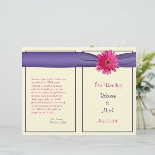 Pink Gerbera Daisy Paars Ribbon Wedding Programme (Staand voorkant)