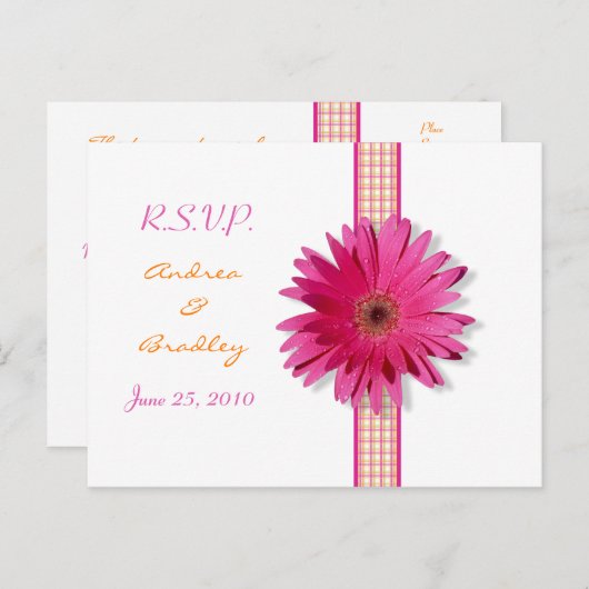 Pink Gerbera Daisy Plaid Ribbon RSVP Briefkaart (Voorkant / Achterkant)