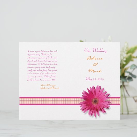 Pink Gerbera Daisy Plaid Ribbon Wedding Programme (Debout devant)