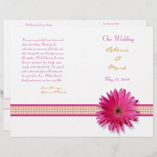 Pink Gerbera Daisy Plaid Ribbon Wedding Programme (Devant / Derrière)