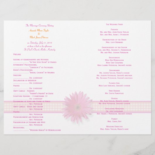 Pink Gerbera Daisy Plaid Ribbon Wedding Programme (Dos)