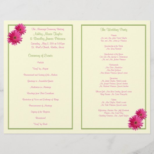 Pink Gerbera Daisy Programme de mariage vert (Dos)