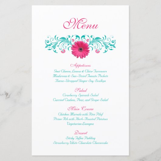 Pink Gerbera Daisy Wedding Menu Kaart (Voorkant)