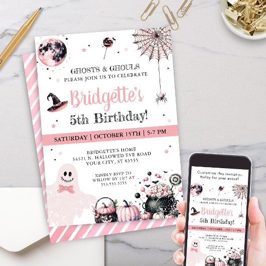 Pink Ghost Kinder Halloween Verjaardagsfeest Kaart