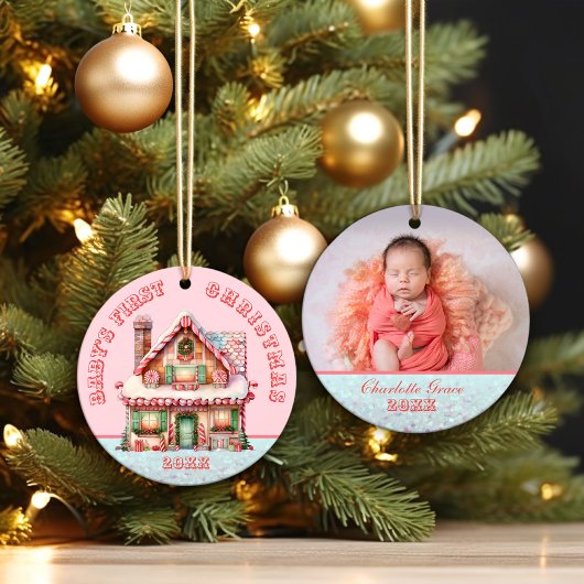 Pink Gingerbread House Baby's Eerste Kerstmis Keramisch Ornament