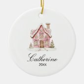 Pink Gingerbread House Christmas Custom Name Keramisch Ornament (Voorkant)