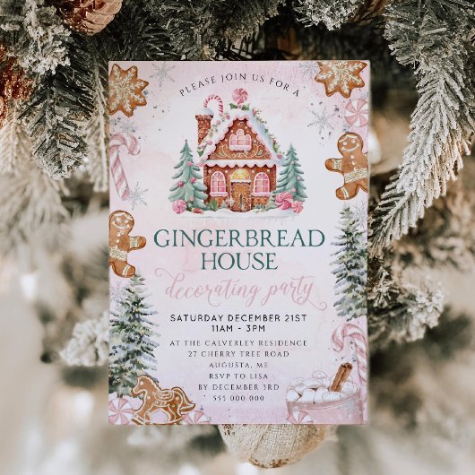 Pink Gingerbread House Decorating Party Invitation