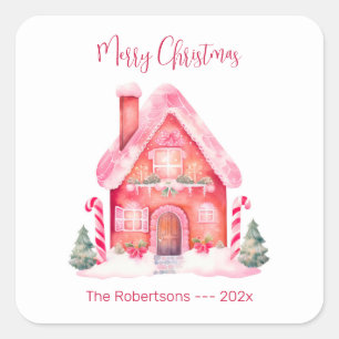 Pink Gingerbread House Kerst sticker