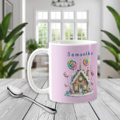 Pink Gingerbread House Kids Name Mug