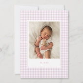 Pink Gingham Baby Aankondiging Kaart (Voorkant)