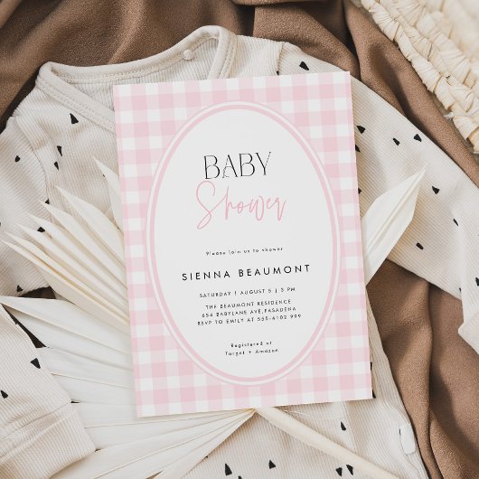 Pink Gingham Baby Shower Invitation Kaart