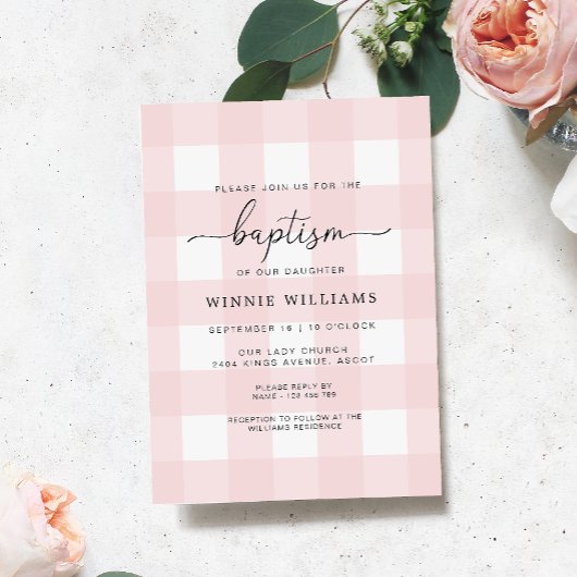 Pink Gingham Baptism Invitation Kaart