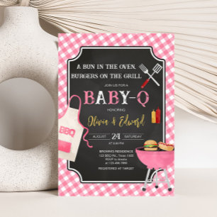 Pink Gingham BBQ Baby shower Kaart