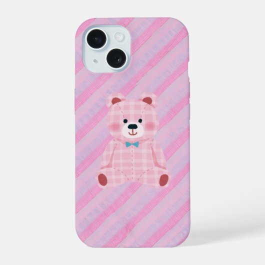 Pink Gingham Bear and Diagonal Stripes Phone Case (Verso)