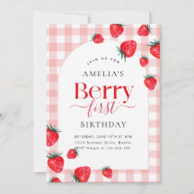 Pink Gingham Berry Eerste Verjaardag Aardbei Meisj