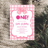Pink Gingham Bow 1st Birthday Invitation Kaart