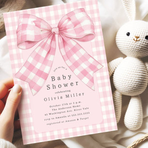 Pink Gingham Bow Baby shower Kaart