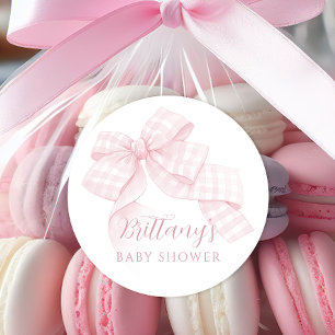 Pink Gingham Bow Baby shower Ronde Sticker
