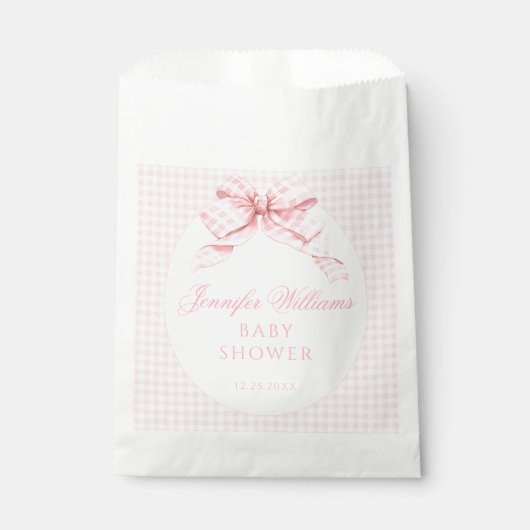 Pink Gingham Bow Coquette thema Baby Girl Douche Bedankzakje (Voorkant)