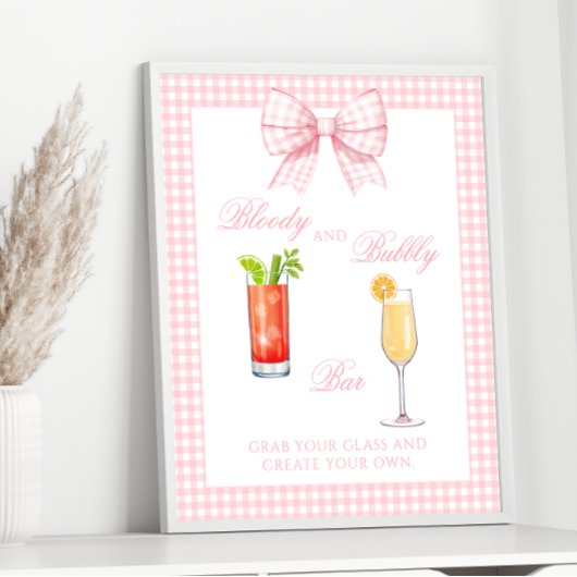 Pink Gingham Bow Preppy Coctail Bar Sign Poster