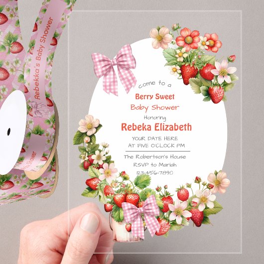  Pink Gingham Bow Strawbery Baby Shower Invitation
