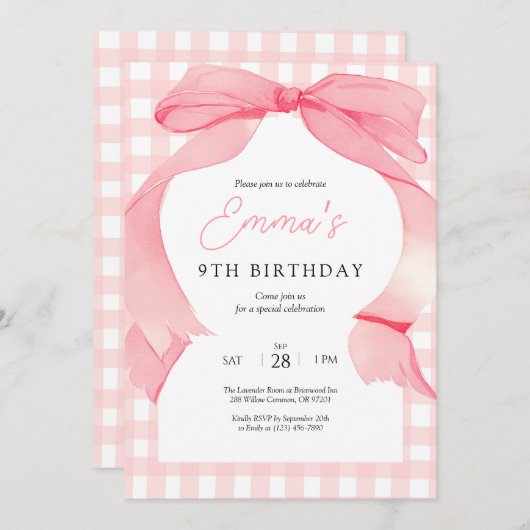 Pink Gingham Bow Verjaardag Uitnodiging (Voorkant / Achterkant)