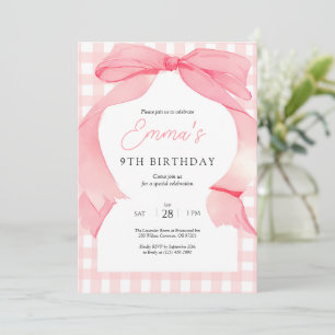 Pink Gingham Bow Verjaardag Uitnodiging