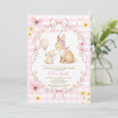 Pink Gingham Bunny Baby Shower Butterfly Daisy Kaart (Staand voorkant)