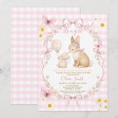Pink Gingham Bunny Baby Shower Butterfly Daisy Kaart (Voorkant / Achterkant)