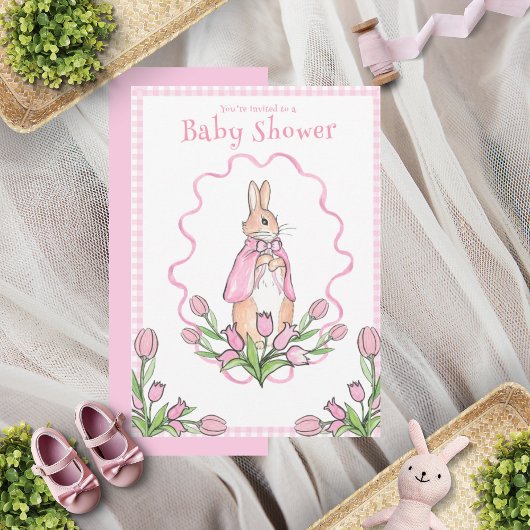 Pink Gingham Bunny Baby shower Kaart