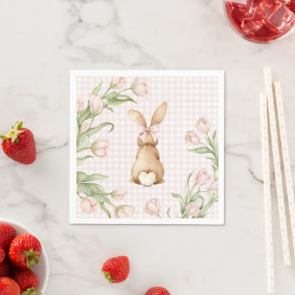 Pink Gingham Bunny Rabbit Tulips Floral  Servet