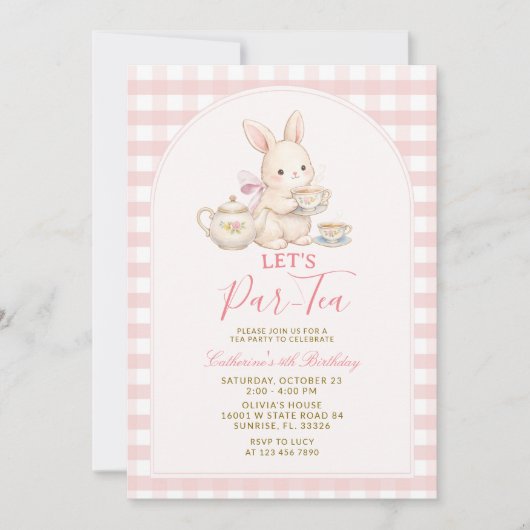 Pink Gingham Bunny Tea Party Birthday Invitation (Devant)