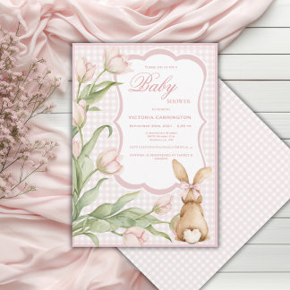 Pink Gingham Bunny Tulips Vintage Baby Shower  Kaart