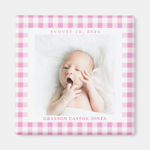 Pink Gingham Check Baby Birthdate Magnet