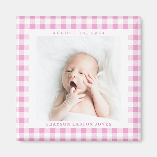 Pink Gingham Check Baby Birthdate Magnet (Devant)