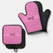 Pink GIngham Check gepersonaliseerd Ovenwant & Pannenlap Set (Voorkant / Achterkant)