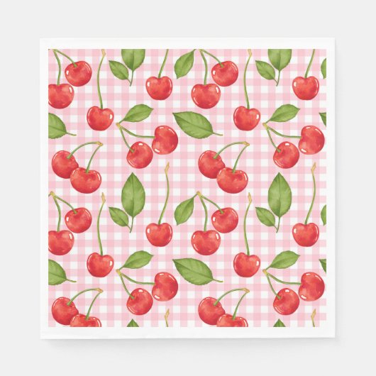 Pink Gingham Cherry Verjaardag servetten (Voorkant)
