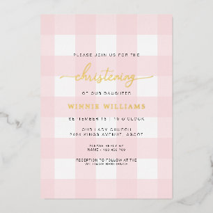 Pink Gingham Christening Folie Uitnodiging