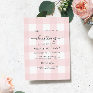 Pink Gingham Christening Uitnodiging