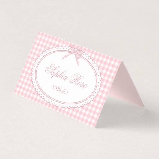 Pink Gingham Coquette Bow Place Card Table Decor (Front)