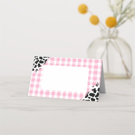Pink Gingham Cow Print Place Cards (Voorkant)