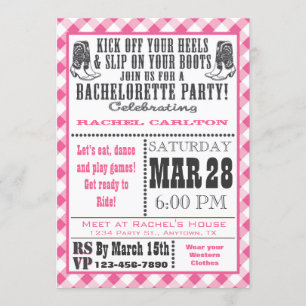 Pink Gingham Cowgirl vrijgezellenfeest uitnodiging