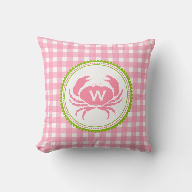 Pink Gingham & Crab Monogram Pillow Kussen (Voorkant)