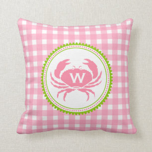 Pink Gingham & Crab Monogram Pillow Kussen
