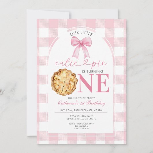 Pink Gingham Cutie Pie First Birthday Invitation (Devant)