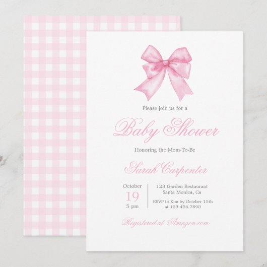 Pink Gingham en Bow Baby shower Meisje Kaart (Voorkant / Achterkant)