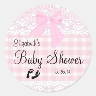 Pink Gingham en Kant Afbeelding Baby shower- Ronde Sticker