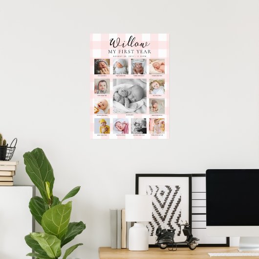 Pink Gingham First Birthday Photo Timeline Poster (Thuiskantoor)