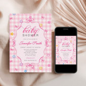 Pink Gingham Floral Bow Baby Shower Invitation