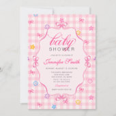 Pink Gingham Floral Bow Baby Shower Invitation (Devant)